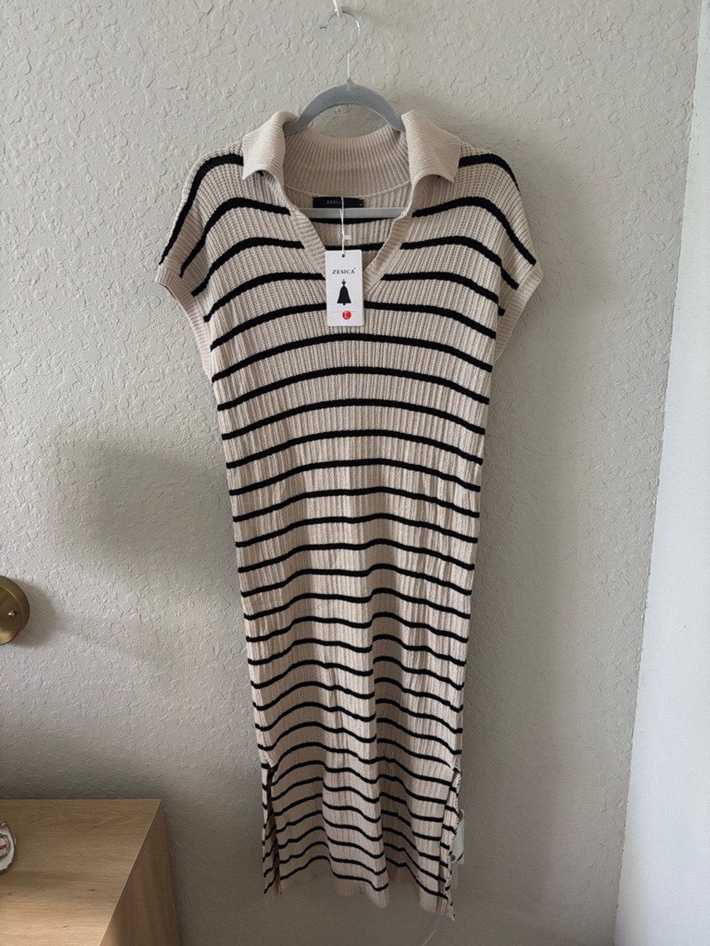 Cream and Black Striped Maxi Dress with Collar